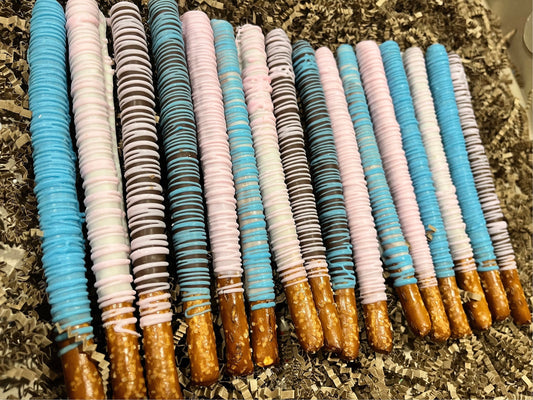 Blue and Pink Gender Reveal Pretzels, Hand-Dipped Chocolate Covered Pretzels Blue, Baby Blue Party Favors, Chocolate Dipped Pretzels Pink