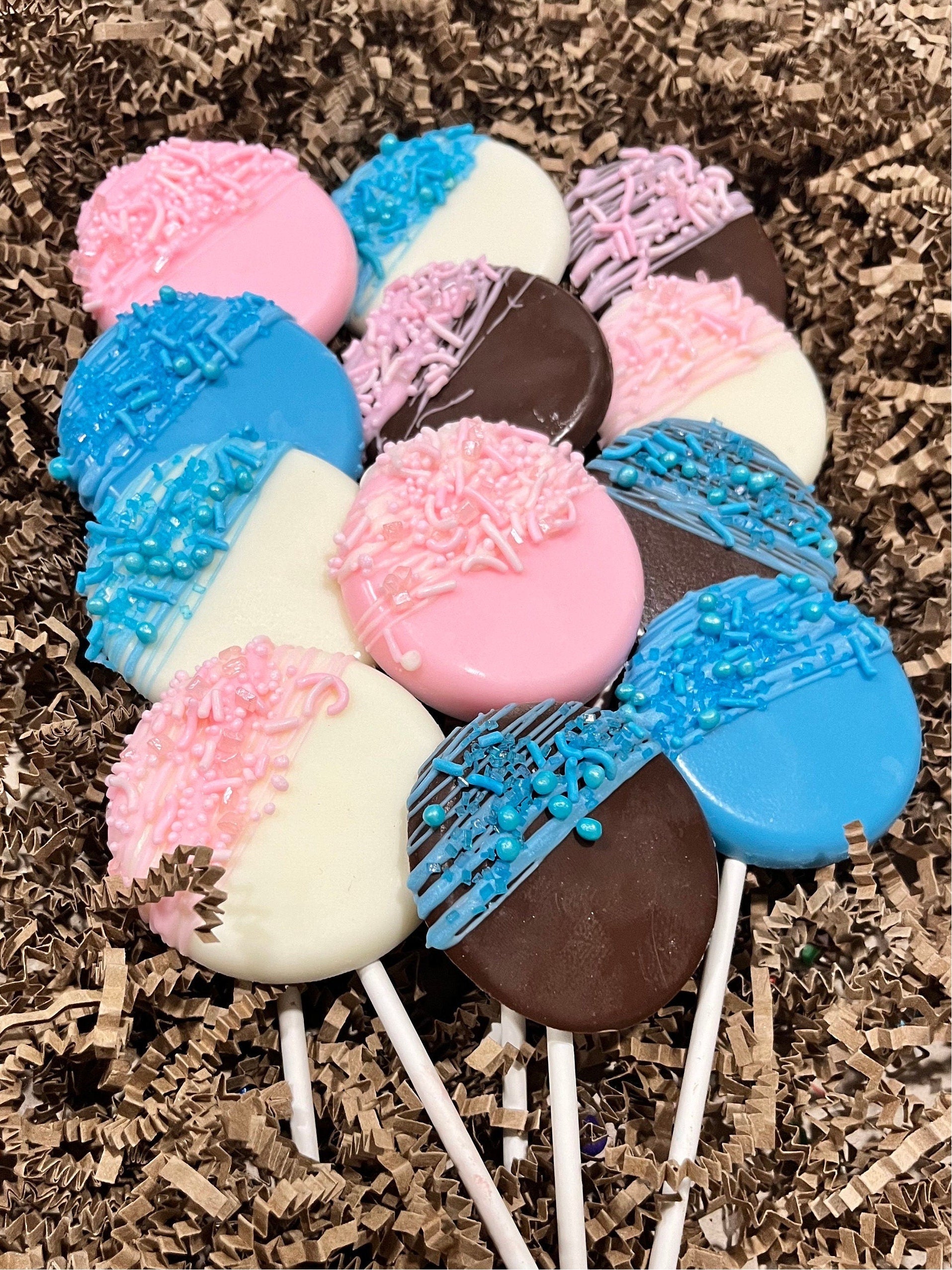 Blue and Pink Chocolate Lollipops Gender Reveal, Baby Blue White Chocolate Milk Chocolate Baby Shower Party Favors