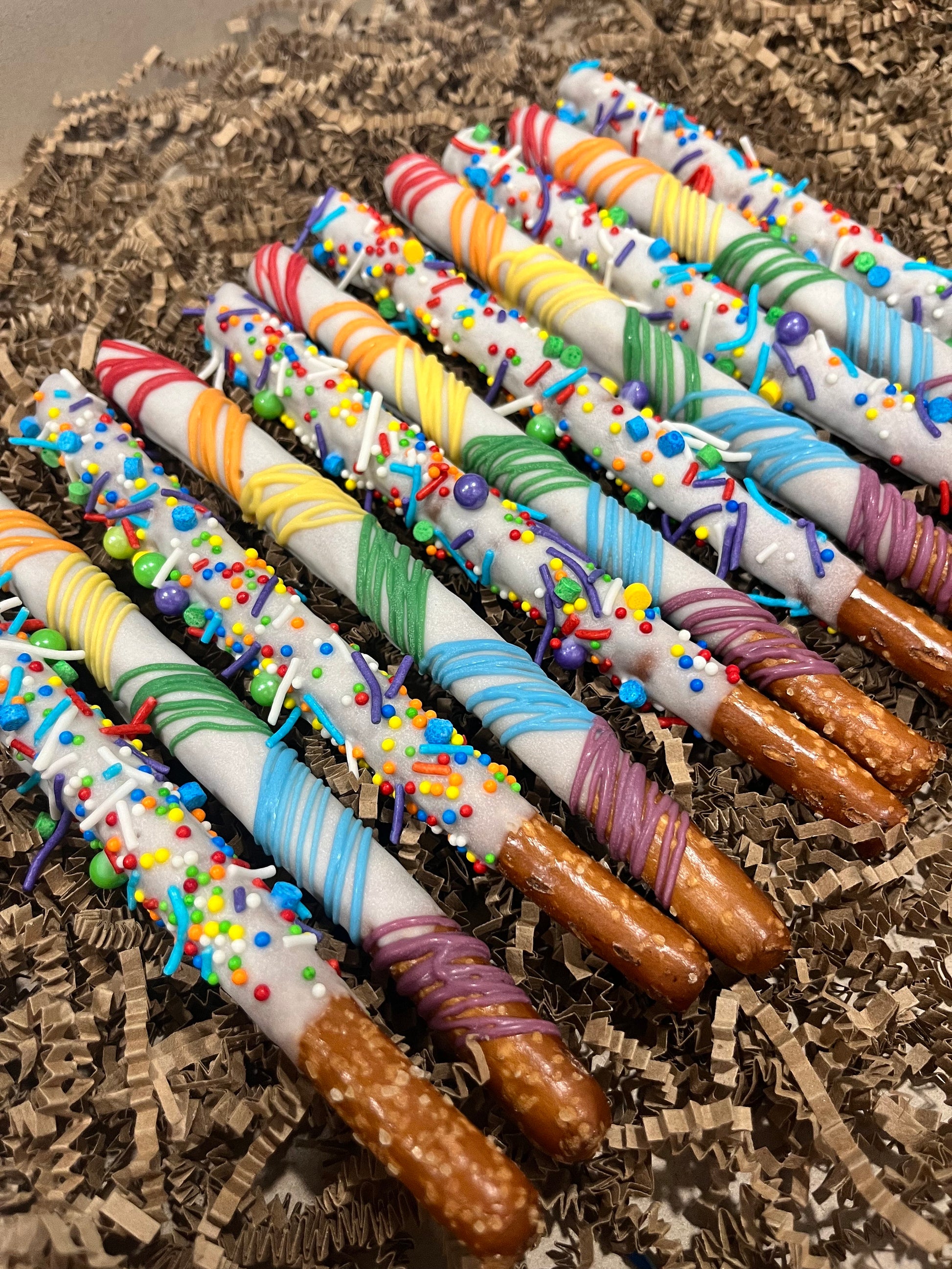 Rainbow Chocolate Dipped Pretzels, Rainbow Pride Themed Chocolate Sprinkles Pretzels