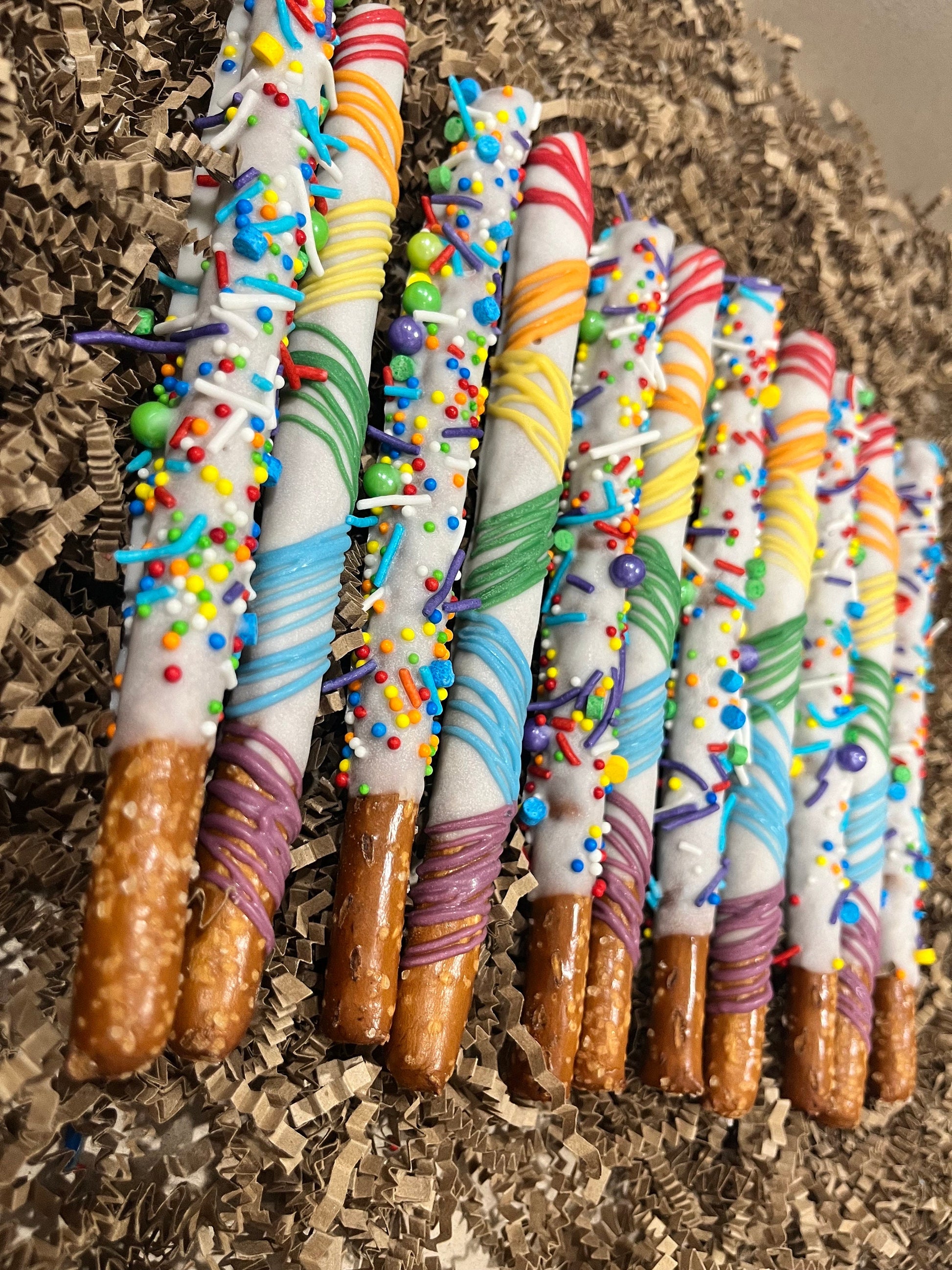 Rainbow Chocolate Dipped Pretzels, Rainbow Pride Themed Chocolate Sprinkles Pretzels