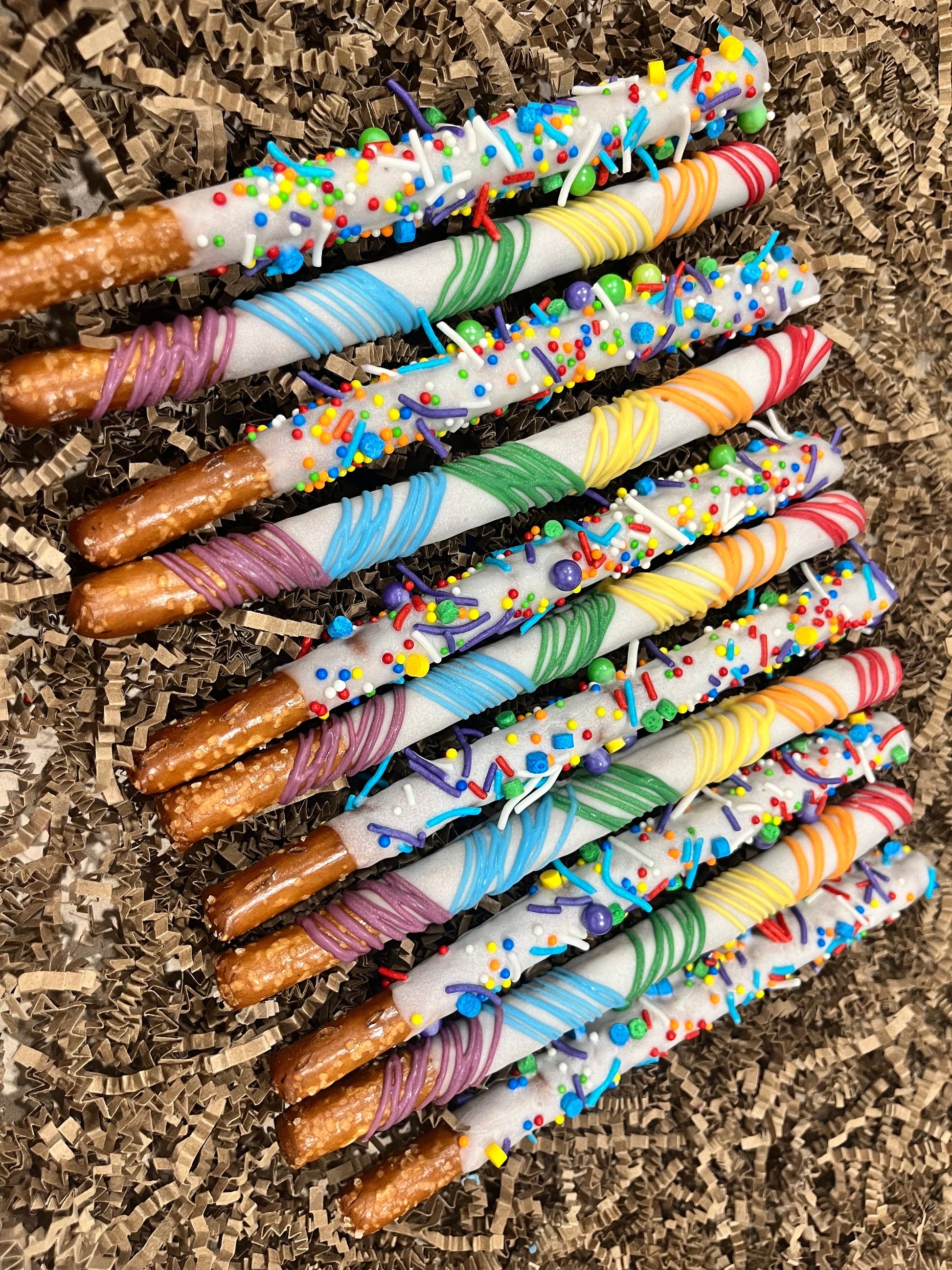 Rainbow Chocolate Dipped Pretzels, Rainbow Pride Themed Chocolate Sprinkles Pretzels