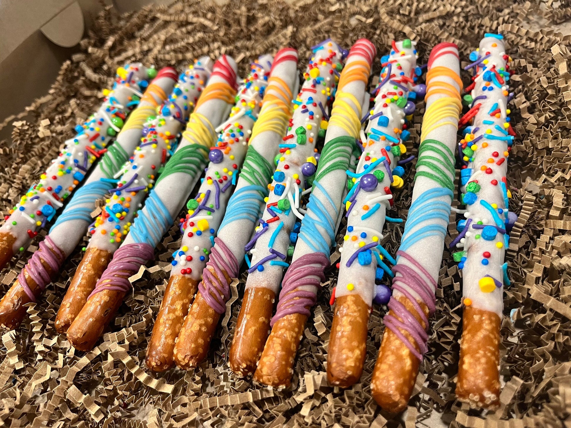 Rainbow Chocolate Dipped Pretzels, Rainbow Pride Themed Chocolate Sprinkles Pretzels