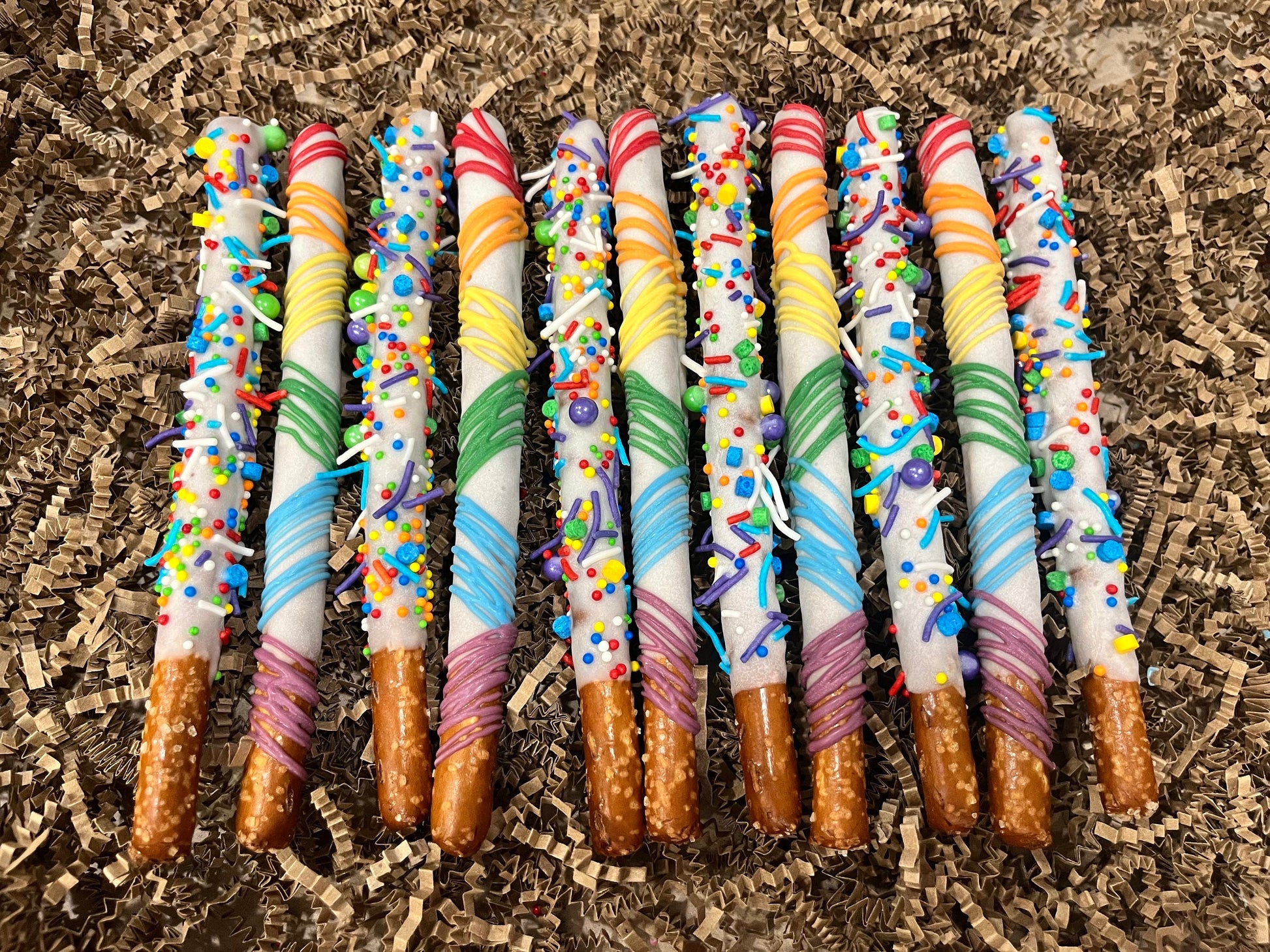 Rainbow Chocolate Dipped Pretzels, Rainbow Pride Themed Chocolate Sprinkles Pretzels