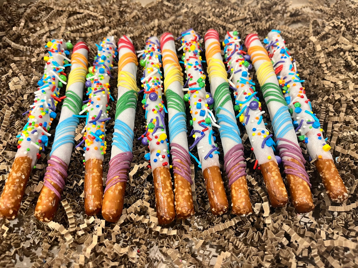 Rainbow Chocolate Dipped Pretzels, Rainbow Pride Themed Chocolate Sprinkles Pretzels