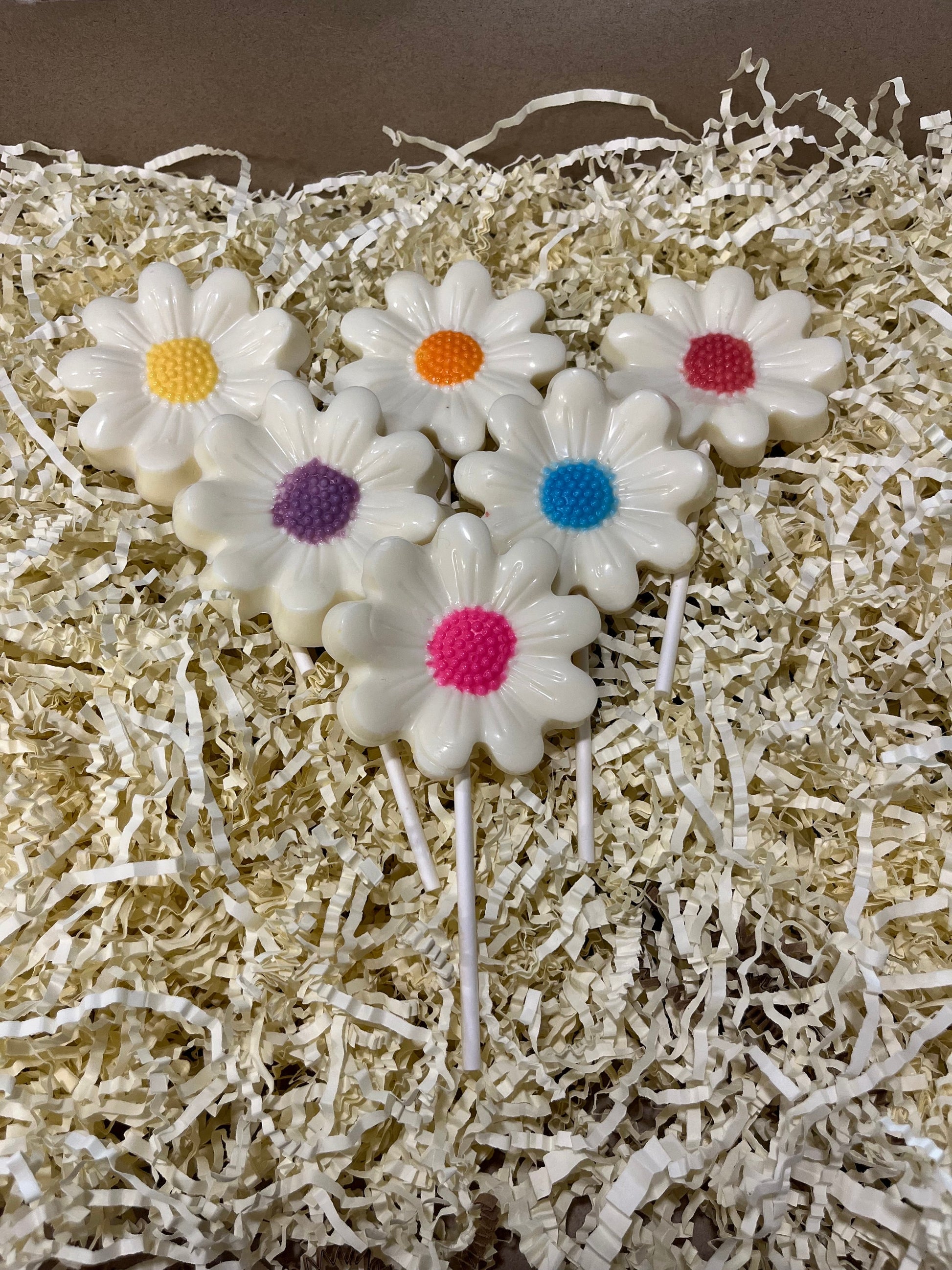 Rainbow Daisy Chocolate Lollipops, Flower Lollipop Chocolate Party Favors