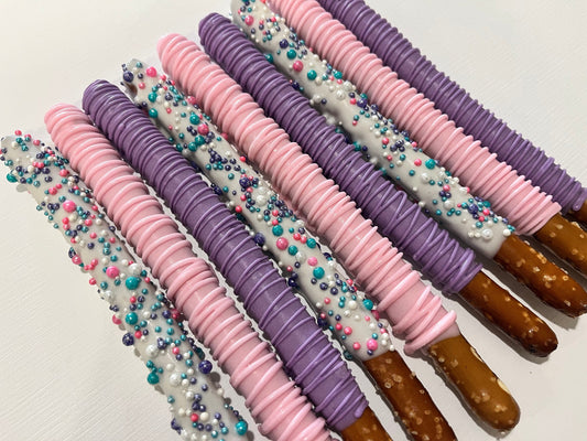 Pink and Purple Unicorn Sprinkle Glitter Pretzels, Girly Birthday Pretzels, Unicorn Desserts, Unicorn Birthday Party Treats