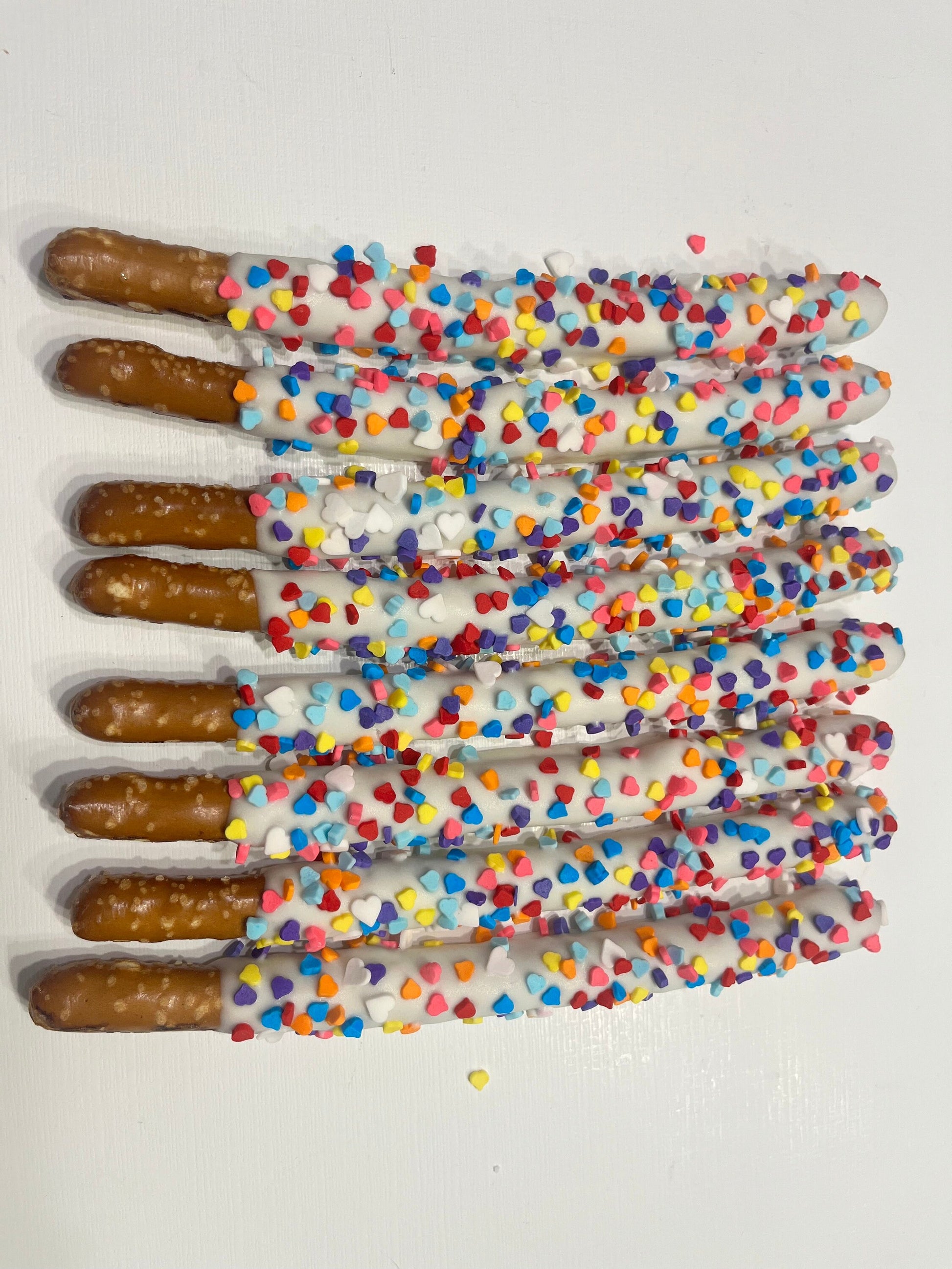 Rainbow Heart Sprinkle Chocolate Dipped Pretzels, Rainbow Pride Themed Chocolate Sprinkles Pretzels, Rainbow Birthday Desserts