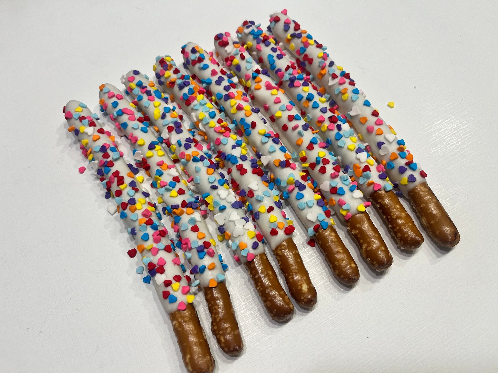 Rainbow Heart Sprinkle Chocolate Dipped Pretzels, Rainbow Pride Themed Chocolate Sprinkles Pretzels, Rainbow Birthday Desserts