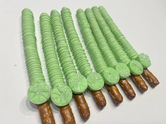 Lime Green Chocolate Covered Pretzels, Lime Party Favors, Chocolate Dipped Pretzels Green, Margarita Birthday Pretzels, Margarita Party