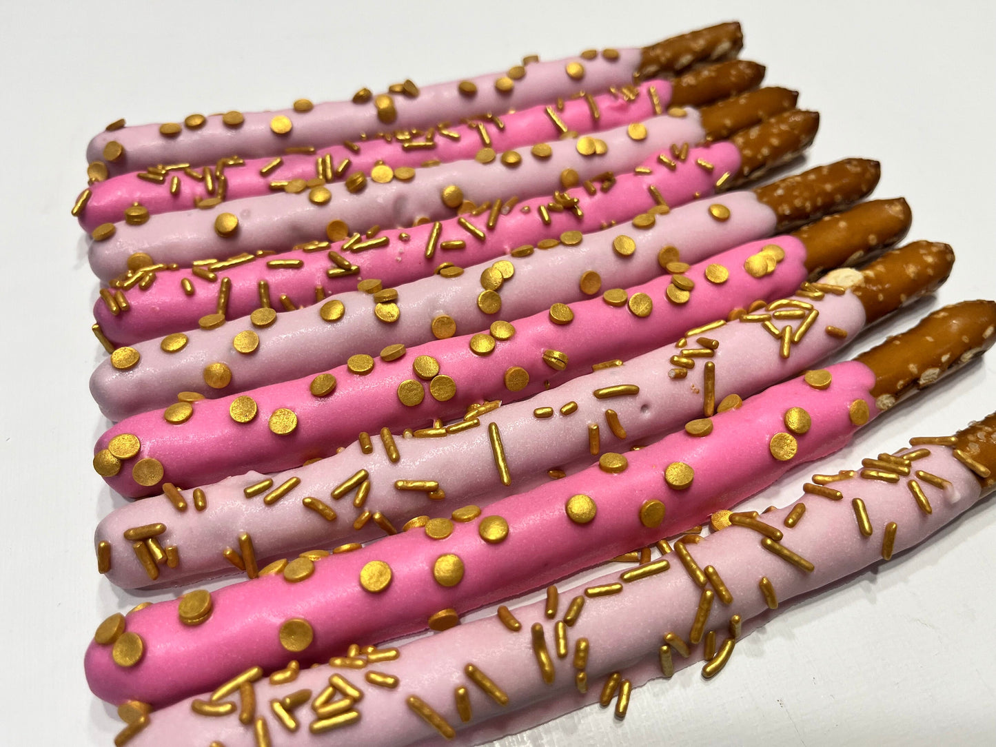 Baby Pink and Hot Pink Pretzels with Gold Sprinkles, Pink and Gold Desserts, Wedding Shower Bridal Shower Desserts, Pink Wedding Desserts