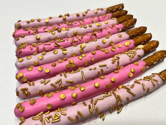 Baby Pink and Hot Pink Pretzels with Gold Sprinkles, Pink and Gold Desserts, Wedding Shower Bridal Shower Desserts, Pink Wedding Desserts