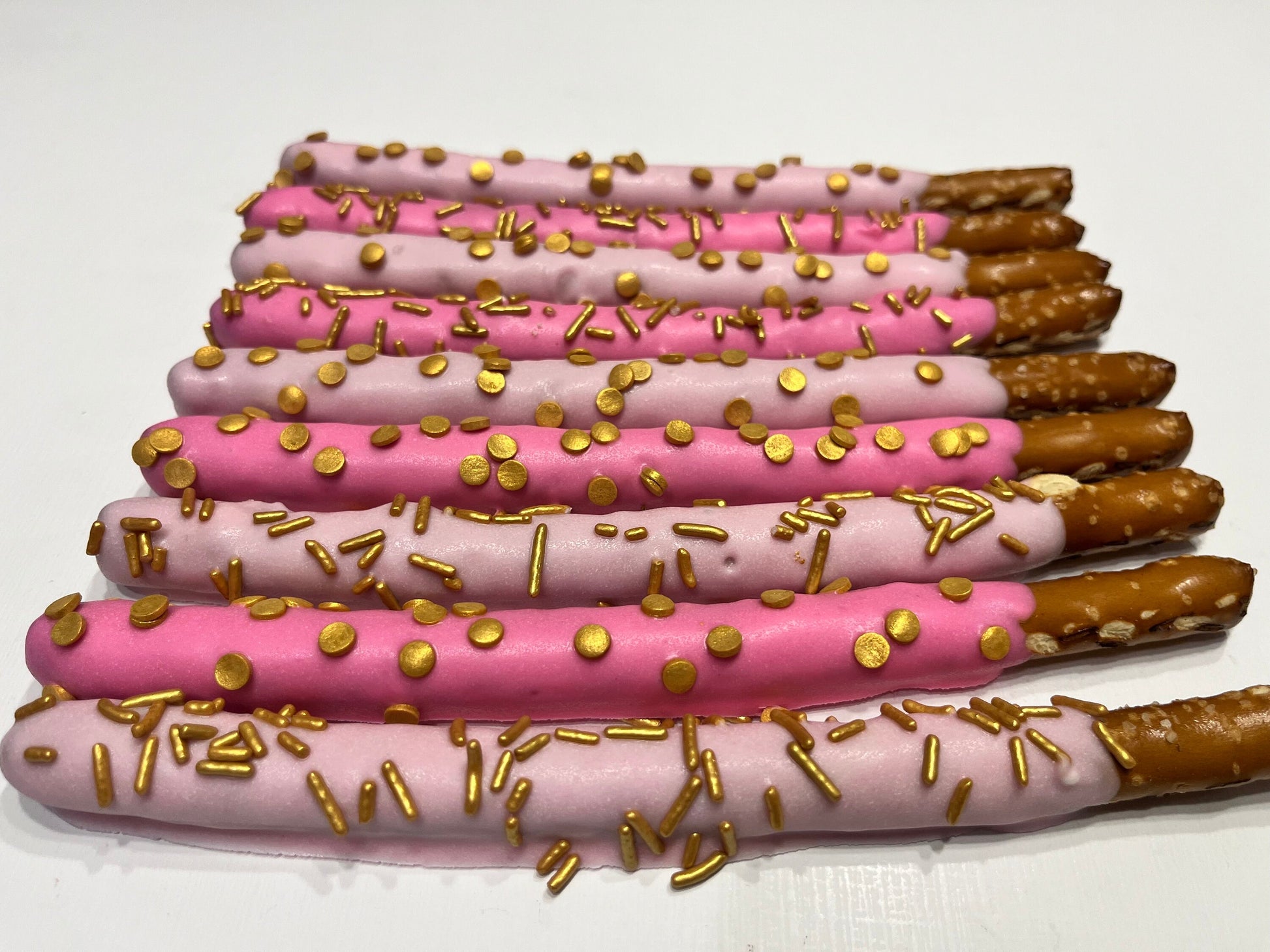 Baby Pink and Hot Pink Pretzels with Gold Sprinkles, Pink and Gold Desserts, Wedding Shower Bridal Shower Desserts, Pink Wedding Desserts