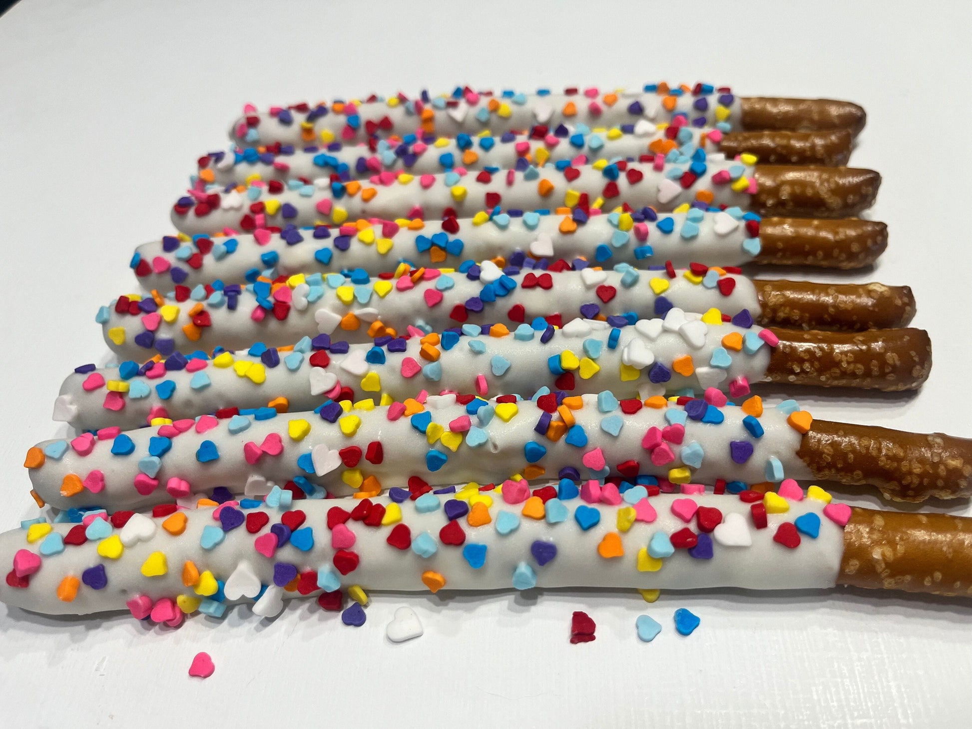 Rainbow Heart Sprinkle Chocolate Dipped Pretzels, Rainbow Pride Themed Chocolate Sprinkles Pretzels, Rainbow Birthday Desserts