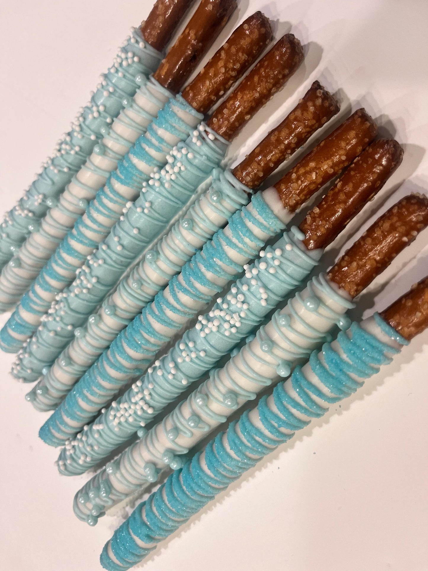 White and Blue Pretzels,Dipped Chocolate Covered Pretzels Blue, Baby Blue Party Favors, Winter Wonderland Desserts, Baby Boy Baby Shower