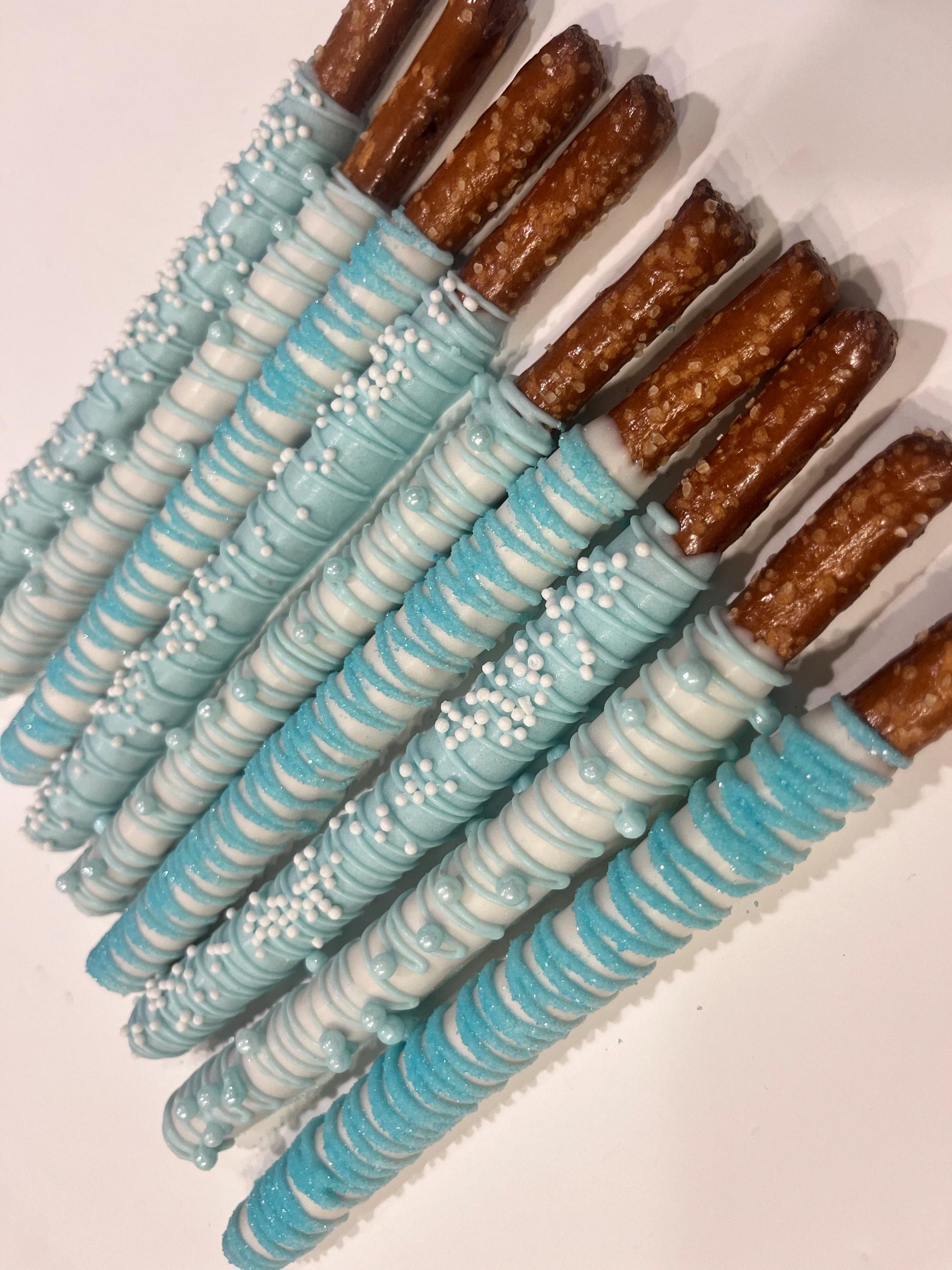 White and Blue Pretzels,Dipped Chocolate Covered Pretzels Blue, Baby Blue Party Favors, Winter Wonderland Desserts, Baby Boy Baby Shower