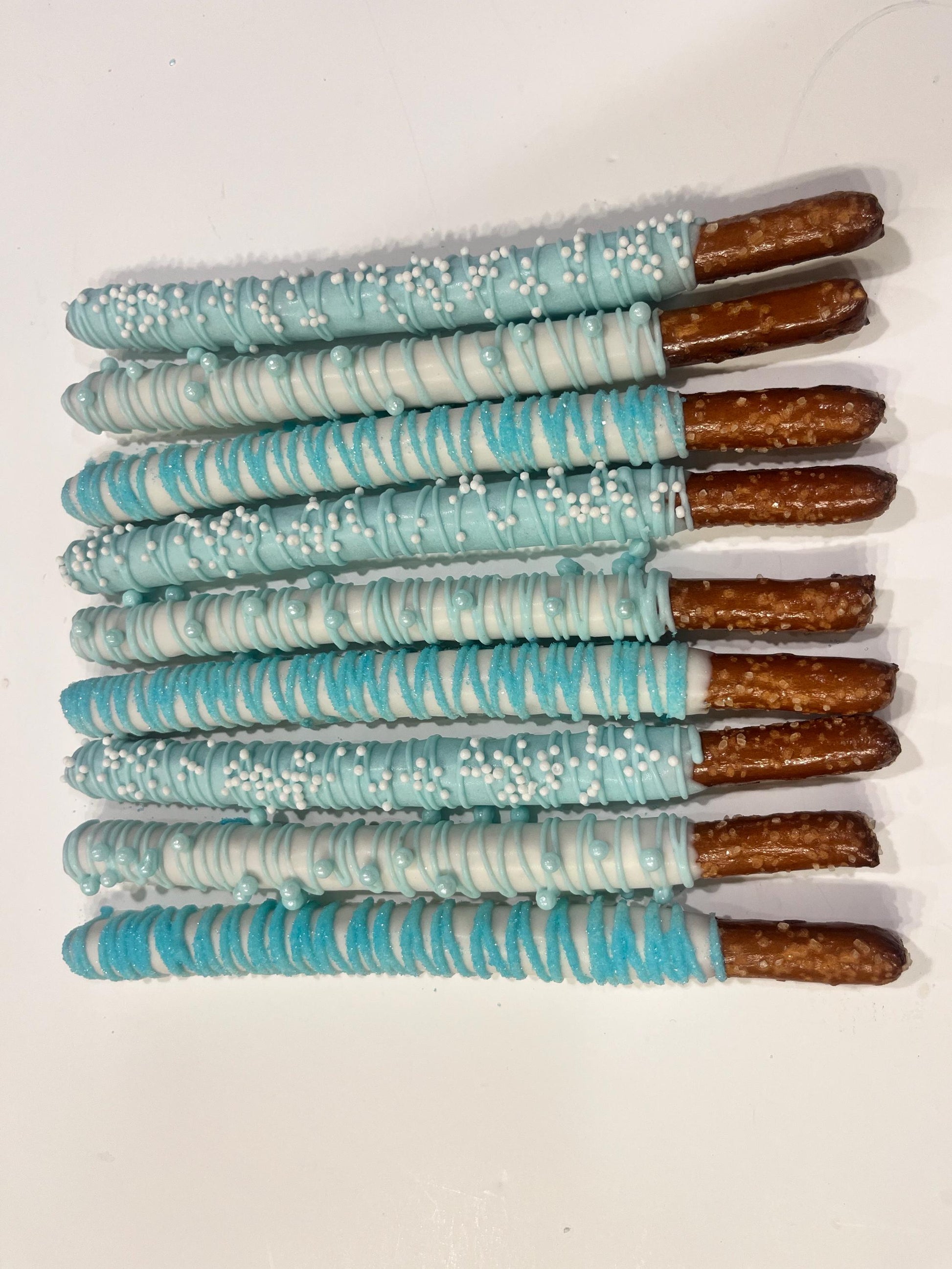 White and Blue Pretzels,Dipped Chocolate Covered Pretzels Blue, Baby Blue Party Favors, Winter Wonderland Desserts, Baby Boy Baby Shower