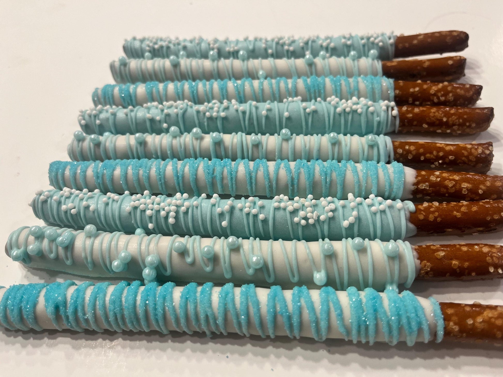 White and Blue Pretzels,Dipped Chocolate Covered Pretzels Blue, Baby Blue Party Favors, Winter Wonderland Desserts, Baby Boy Baby Shower