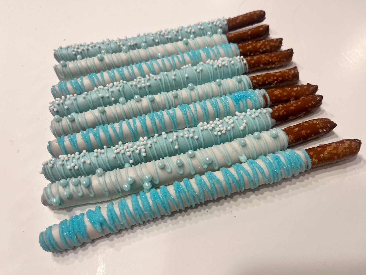 White and Blue Pretzels,Dipped Chocolate Covered Pretzels Blue, Baby Blue Party Favors, Winter Wonderland Desserts, Baby Boy Baby Shower