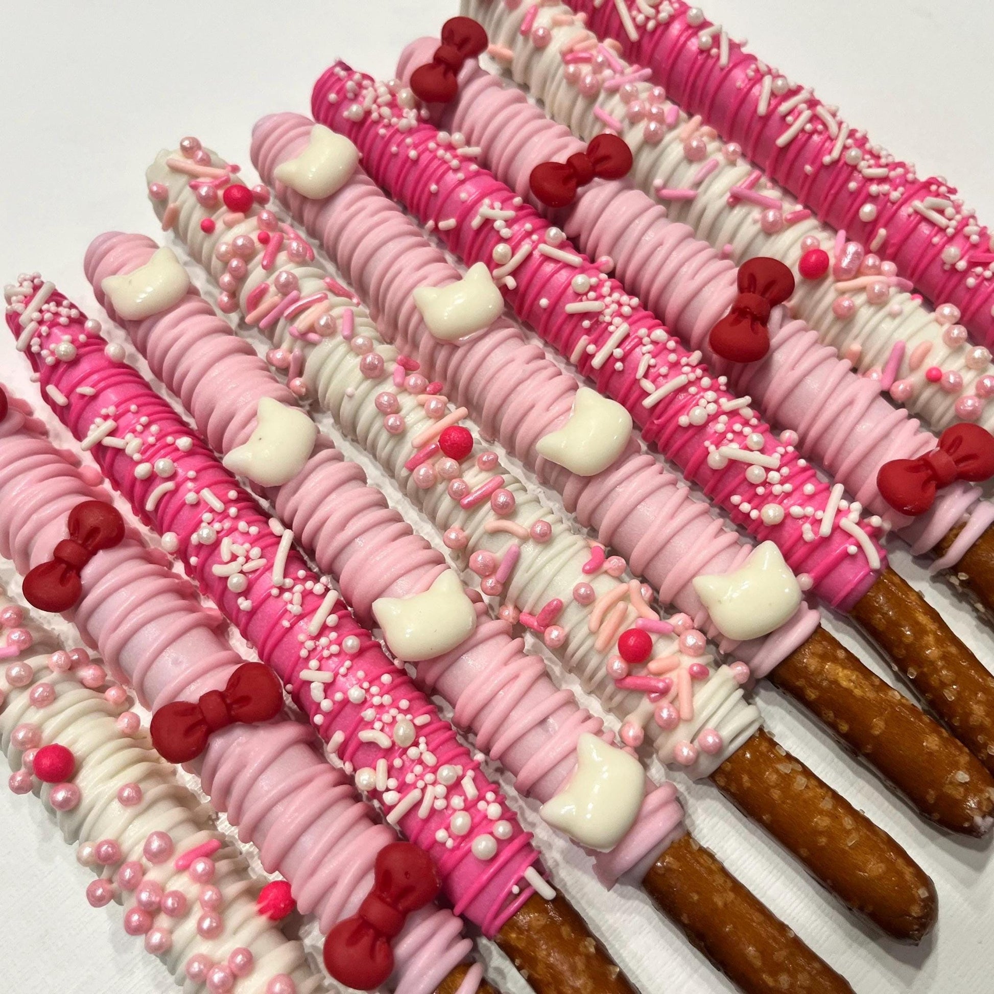 Hello Kitty Cat Hot Pink and White Pretzels, Hello Pretzels, Kitty Desserts, Pink and White Bow Pretzels, Hello Kat Pretzels, Kitty Treats