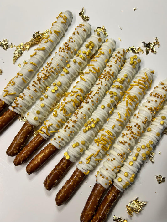 White and Gold Sprinkle Pretzels, White and Gold Baby Shower Desserts, White Wedding Favors, Gold Wedding Shower Desserts