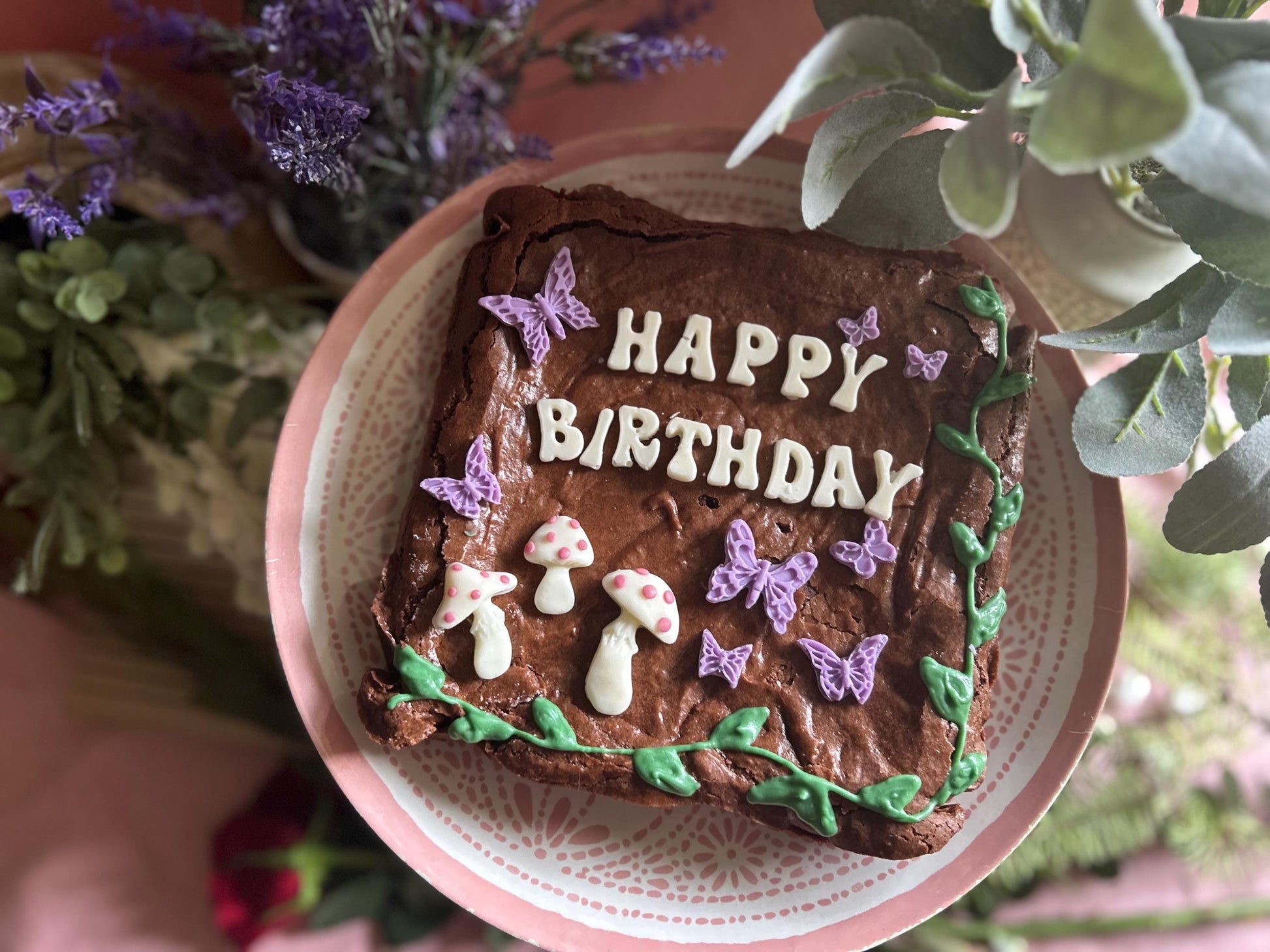 Fairy Butterfly Mushroom Gourmet Chocolate Chip Brownie - Large, Happy Birthday Brownie, Customizable Brownie