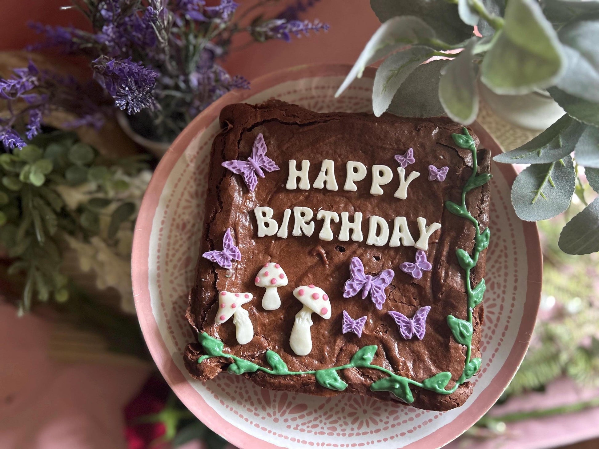 Fairy Butterfly Mushroom Gourmet Chocolate Chip Brownie - Large, Happy Birthday Brownie, Customizable Brownie