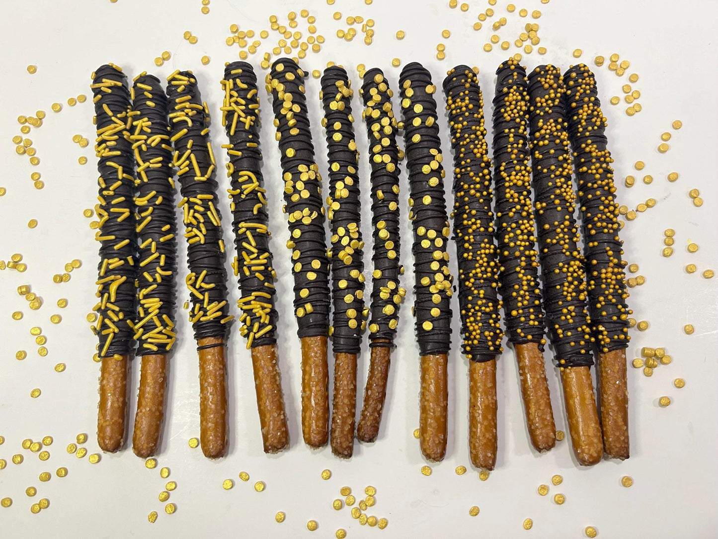 Black and Gold Chocolate Covered Pretzels, Black and Gold Dessert Table Treats, NYE Desserts, Gold Wedding Shower Desserts, Gold Treats