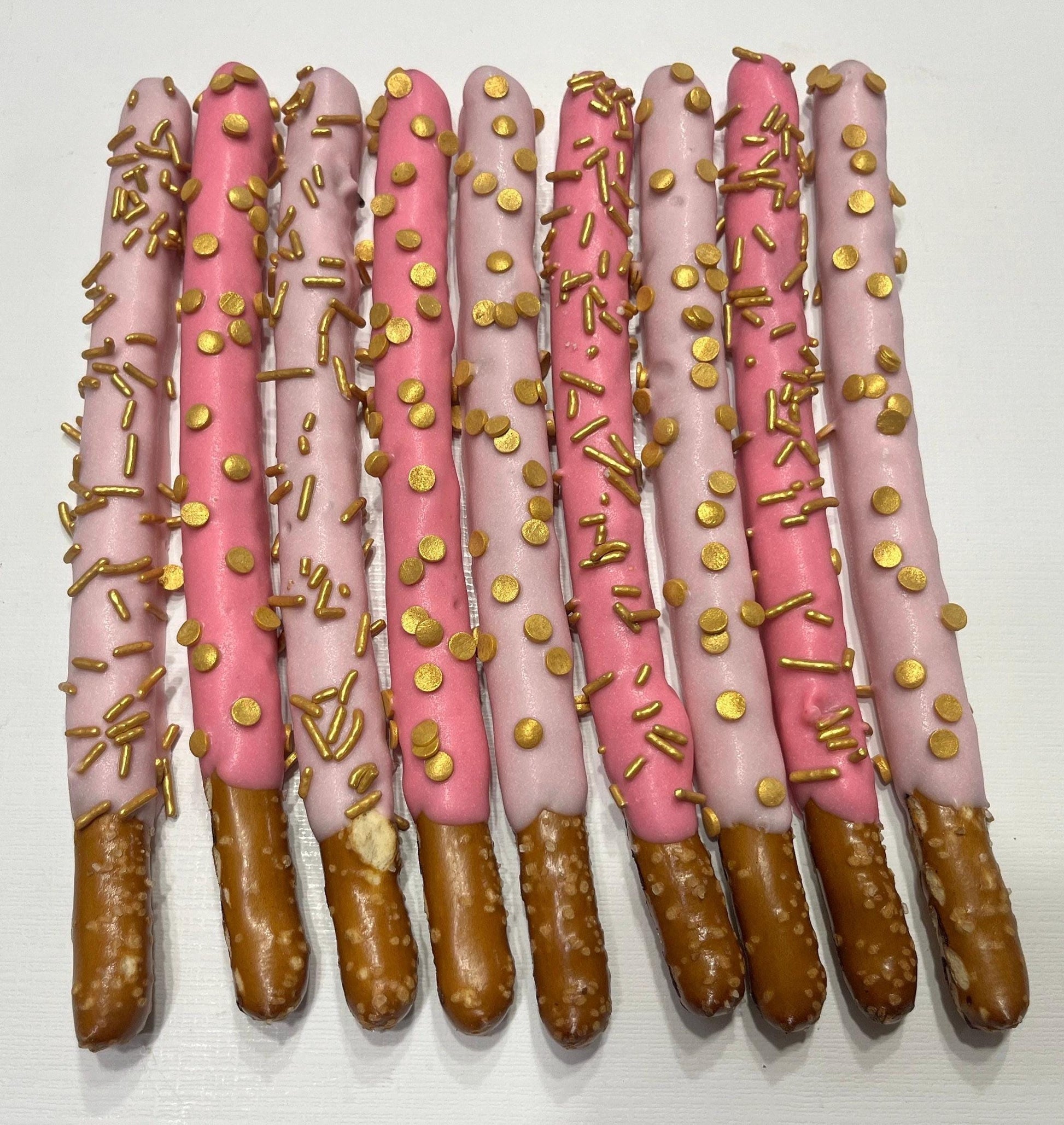 Baby Pink and Hot Pink Pretzels with Gold Sprinkles, Pink and Gold Desserts, Wedding Shower Bridal Shower Desserts, Pink Wedding Desserts