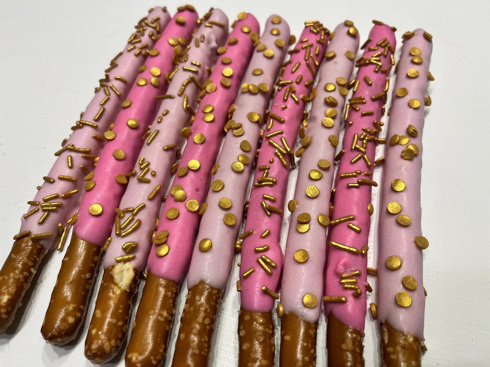 Baby Pink and Hot Pink Pretzels with Gold Sprinkles, Pink and Gold Desserts, Wedding Shower Bridal Shower Desserts, Pink Wedding Desserts